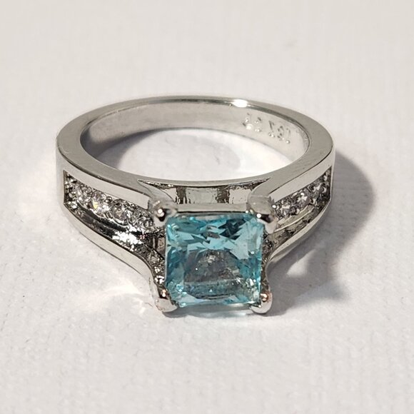 VTG 18K 925 Natural Square Princess Cut Swiss Blue Clean Thick Band Ring Sz 5 - Picture 7 of 16
